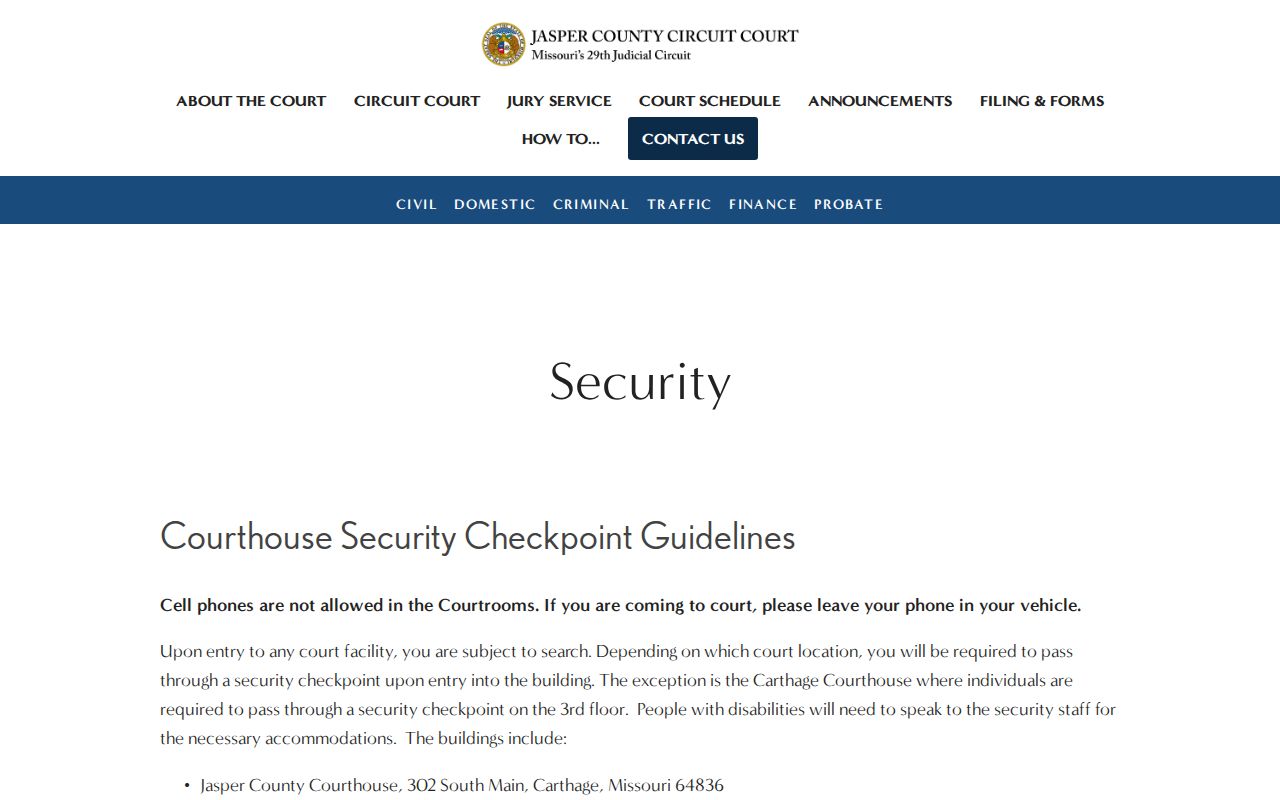 Official Jasper County court security and entry checkpoint notice