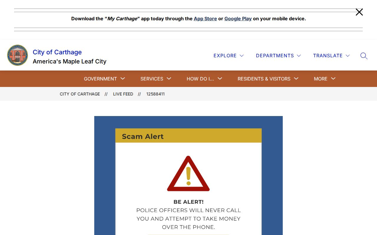 Carthage warning about impersonation and warrant payment scams