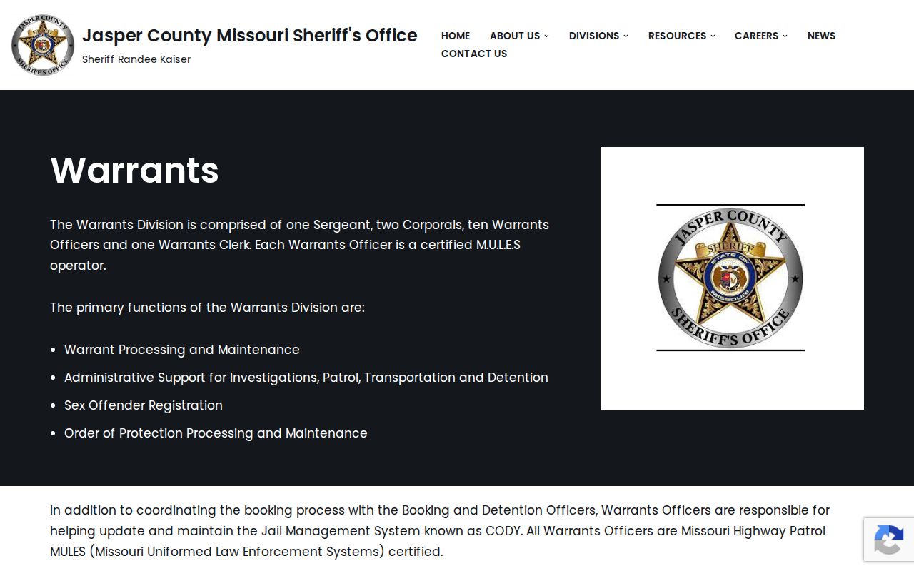 Official Jasper County Sheriff Warrants Division information